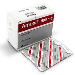 Pack of Amoxil 500 mg, a penicillin antibiotic used for treating various types of bacterial infections